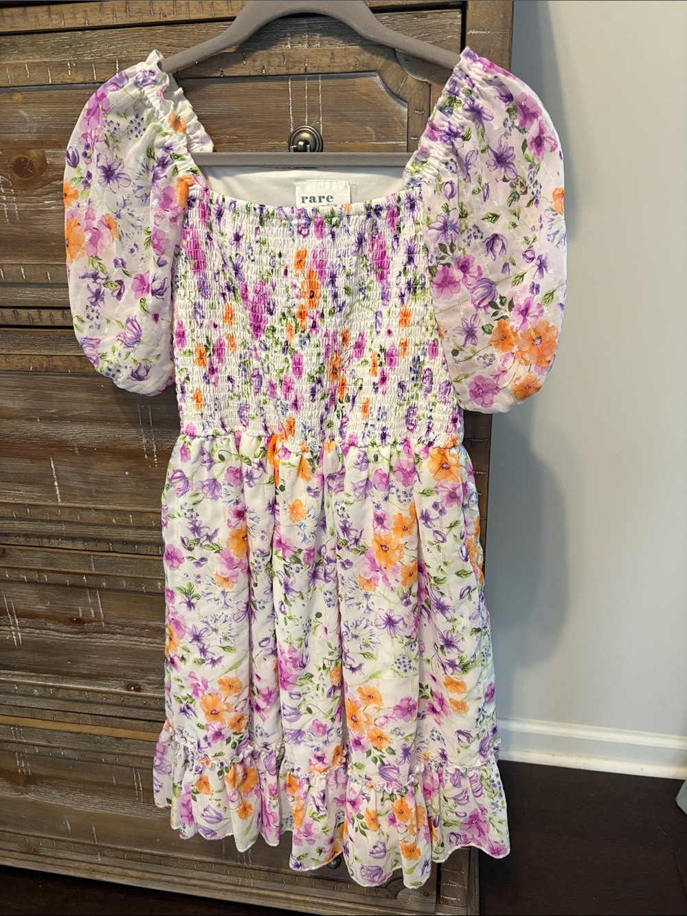 Floral Girls Dress in White with Purple & Orange Flowers